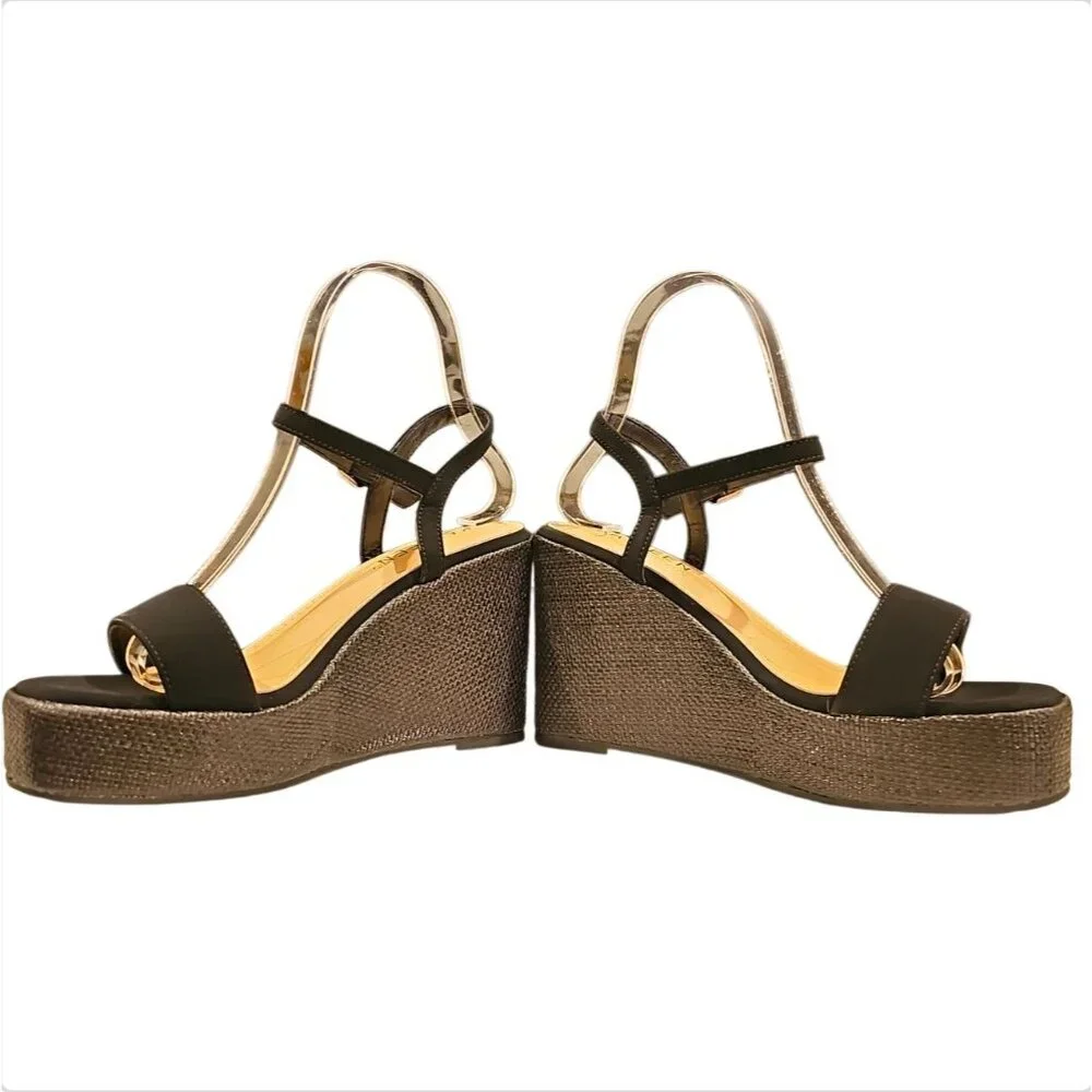 Black Wedge Sandals With Adjustable Straps & Metallic Detail - Womens Sole & Fab